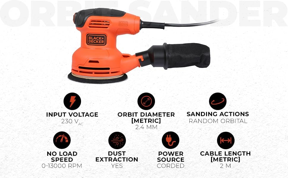 Black+Decker Exzenterschleifer (230W, Scheiben-Ø 125 mm, mit integrierter Staubabsaugung, zum Schlei
