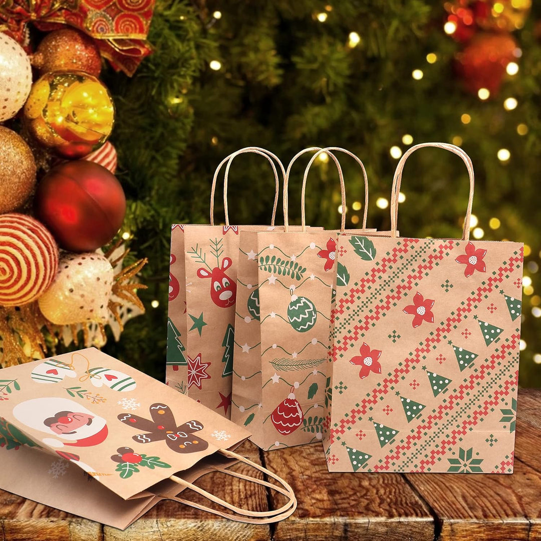 24 Stück Papiertüten Weihnachten Geschenktüten mit Henkel, Braun Weihnachtstaschen Weihnachtsgeschen