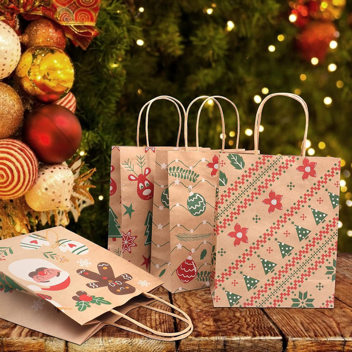 24 Stück Papiertüten Weihnachten Geschenktüten mit Henkel, Braun Weihnachtstaschen Weihnachtsgeschen