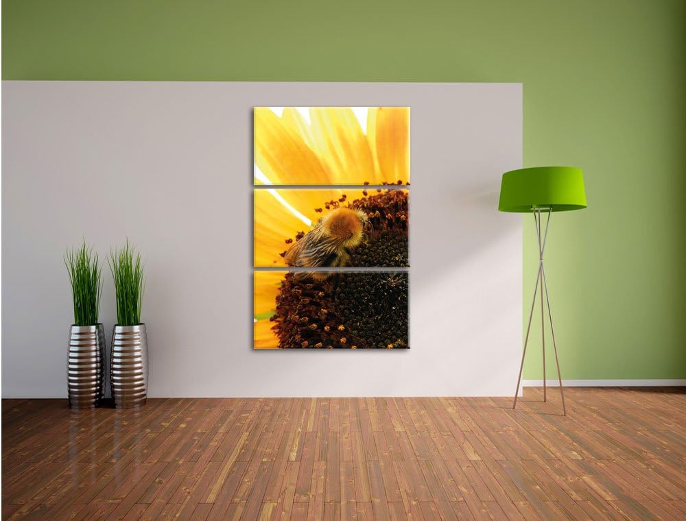 Pixxprint Biene auf Sonnenblume als Leinwandbild - Grösse: 3-Teilig (120x80cm) - Wandbild - Kunstdru