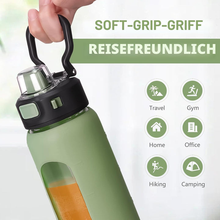 BLUEGO 700ml Trinkflasche Glas mit Strohhalm und Griff Auslaufsichere Wasserflasche mit Silikonhülle