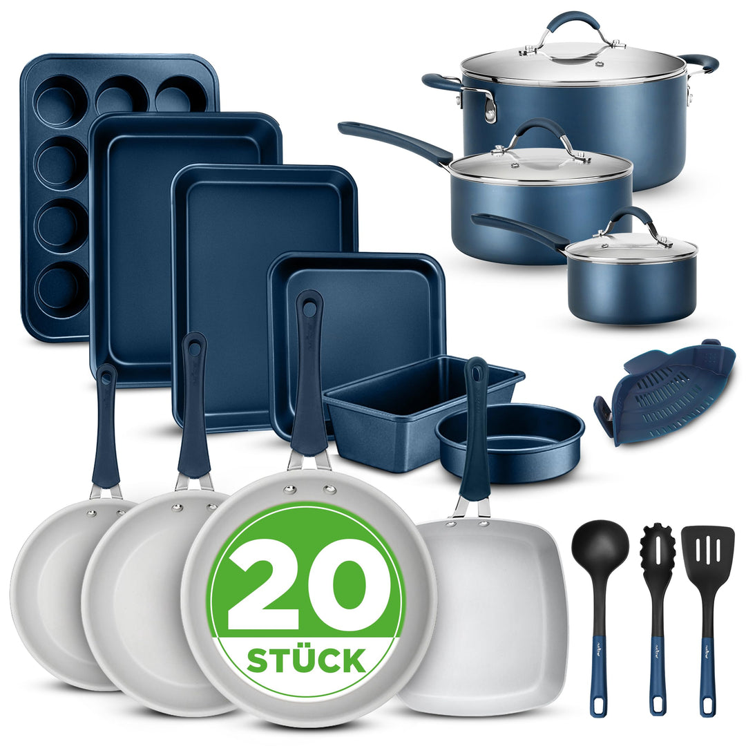 NutriChef Topf- und Pfannenset Induktion 20-teilig Marineblau – Antihaft-Kochgeschirr mit Deckeln un