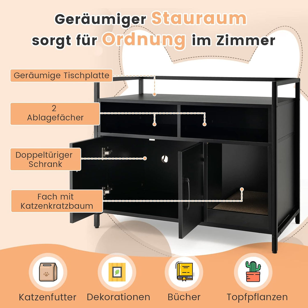 COSTWAY Katzenschrank Katzentoilette mit Doppeltüren & Kratzunterlage, Katzenhaus mit offenem Regal