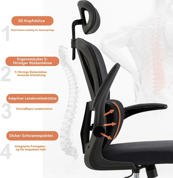 Ergonomischer Bürostuhl – Schwarz | Hochlehner Netz-Bürostuhl mit Lendenstütze,Klappbaren Armlehnen