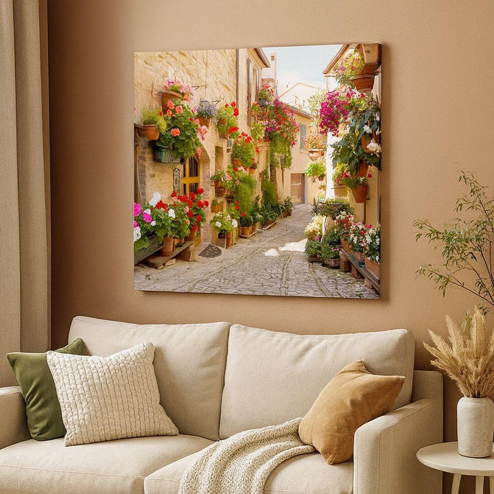 Bilder auf Leinwand Blume Strasse Haus Leinwandbild mit Rahmen 70x50cm Wandbilder Dekoration Wohnzim