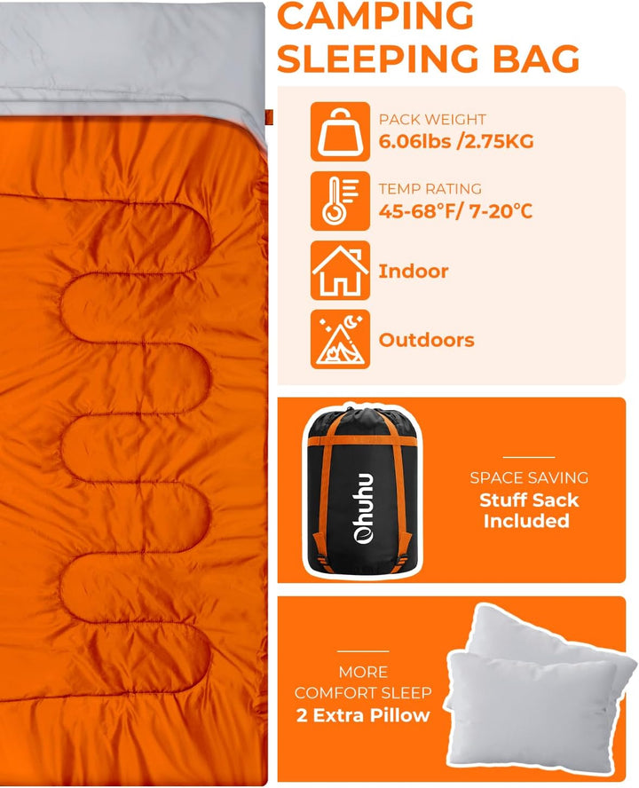Ohuhu Doppelschlafsack, Schlafsack 2 Personen 220x150cm Schlafsack Outdoor mit 2 Kissen Deckenschlaf