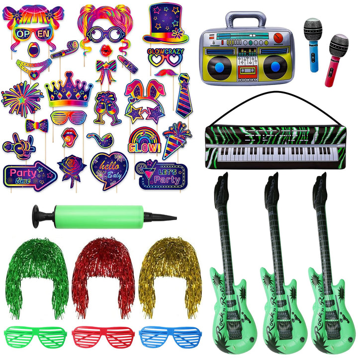 43 Stück Neon Party Fotobox Accessoires, Foto Requisiten Set | mit Aufblasbaren Instrumenten, Perück