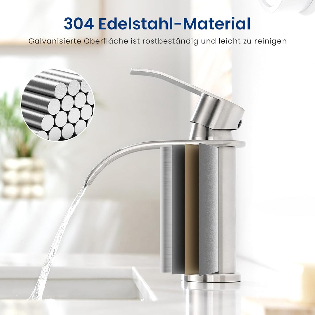 CECIPA Wasserhahn Bad Gebürstet, Edelstahl Waschtischarmatur mit Auslauf Höhe 86 MM, Waschbecken Arm