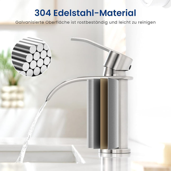 CECIPA Wasserhahn Bad Gebürstet, Edelstahl Waschtischarmatur mit Auslauf Höhe 86 MM, Waschbecken Arm