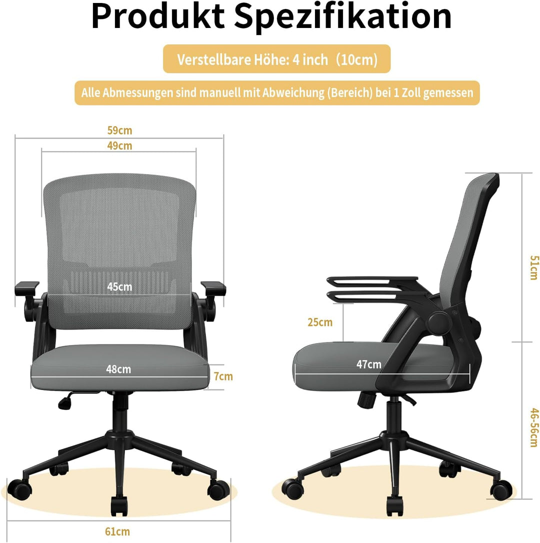 naspaluro Bürostuhl mit Hochklappbare Armlehnen, Schreibtischstuhl Ergonomisch, Drehstuhl mit Netzbe