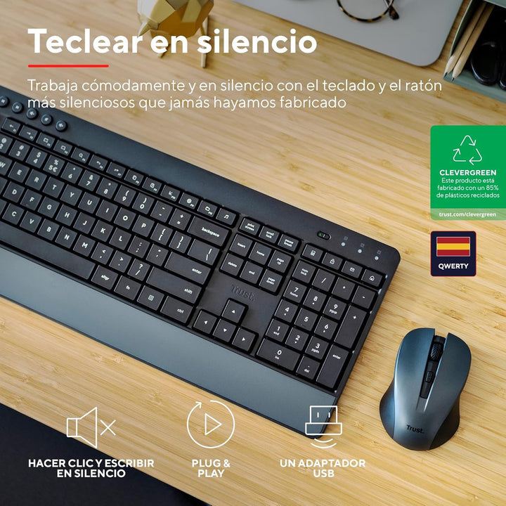 Trust Trezo Wireless Spanische QWERTY Tastatur und Maus, Langlebiges Design, leise und ergonomische