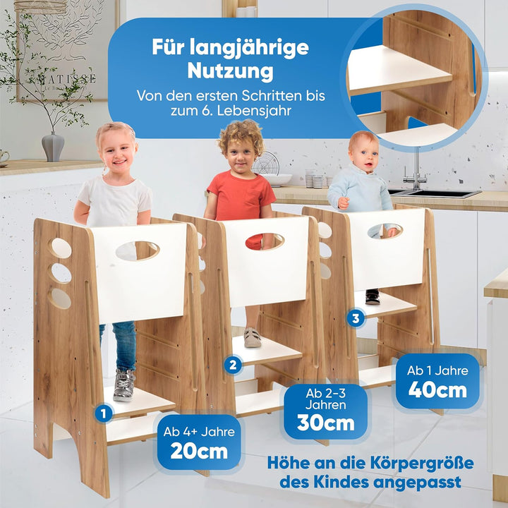 Kitchen Kids Helper Lernturm ab 1 Jahr - Höhenverstellbarer Lernturm Montessori Eiche-Weiss 80cm - S