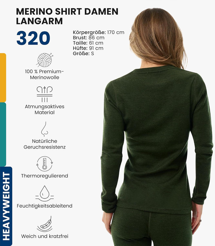 Merino.tech Merino Shirt Damen Langarm - Premium 100% Merino Unterwäsche Damen Langarmshirt, Sportun