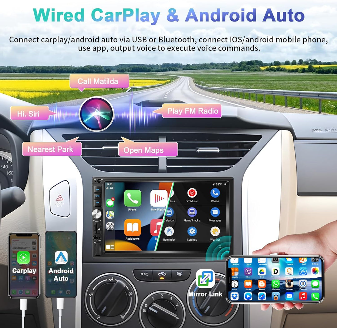 Podofo Autoradio 2 Din mit Apple CarPlay, Android Auto und Bluetooth, 7 Zoll Auto Stereo Radio mit H