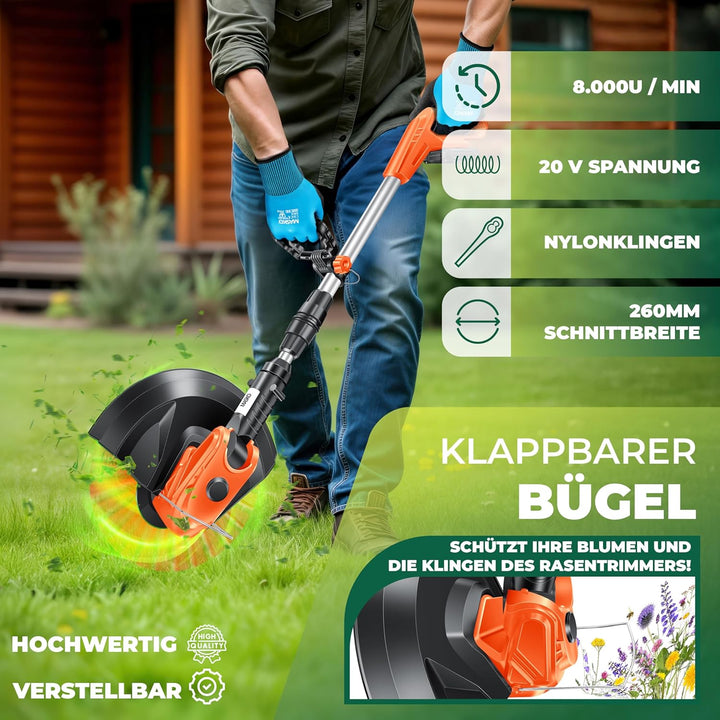 MASKO® Akku-Rasentrimmer mit 20 V Li-Akku, 2,0 Ah Akku und Ladegerät, Motorsense 26 cm Schnittkreis,