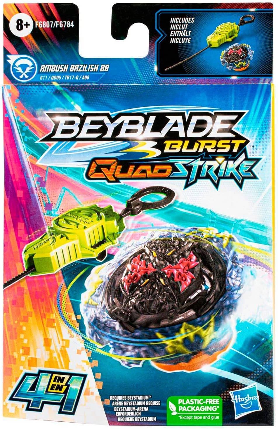 Beyblade Burst QuadStrike, Starter Pack mit Ambush Bazilisk B8 Wettkampfkreisel Typ Angriff/Balance