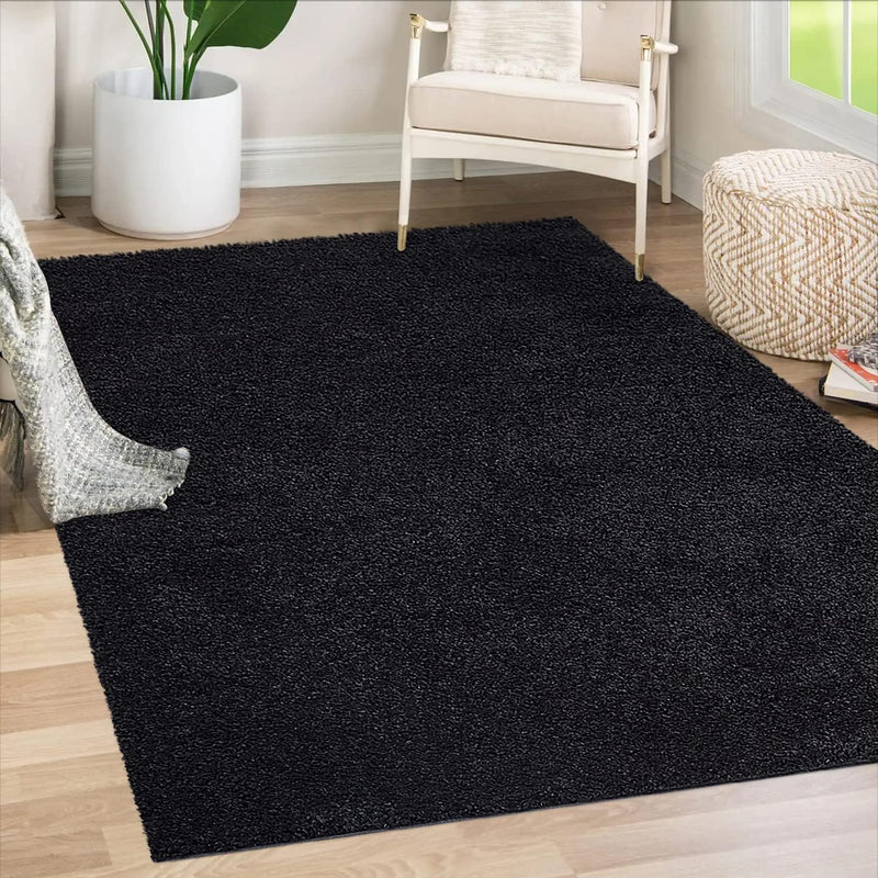 payé Teppich Wohnzimmer Hochflor Shaggy - 150x150cm - Schwarz Einfarbig Uni Flauschig Modern Boho De