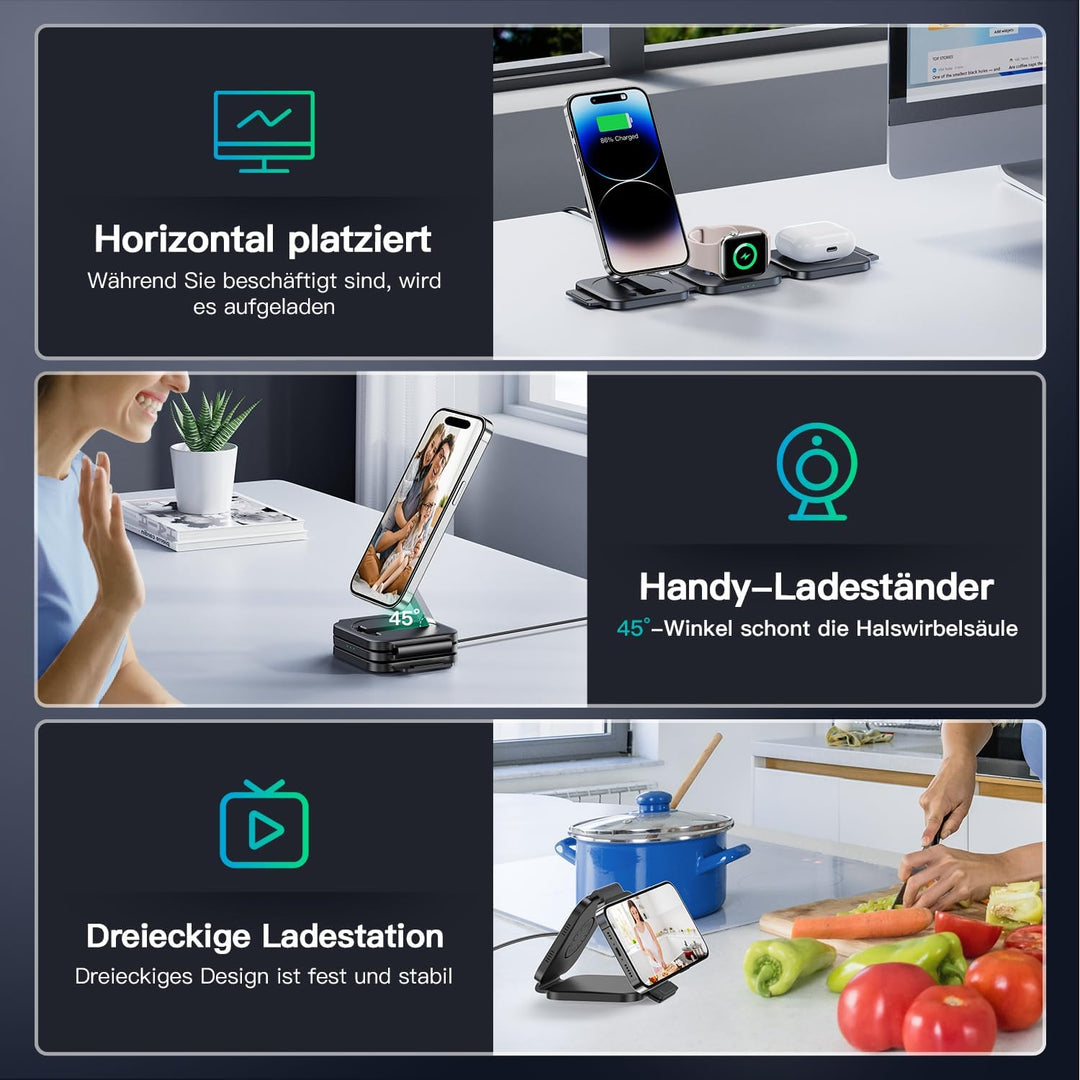 JARGOU 3 in1 Faltbare Ladestation für Apple, Ladestation Apple Watch und iPhone, Mag-Safe Ladegerät