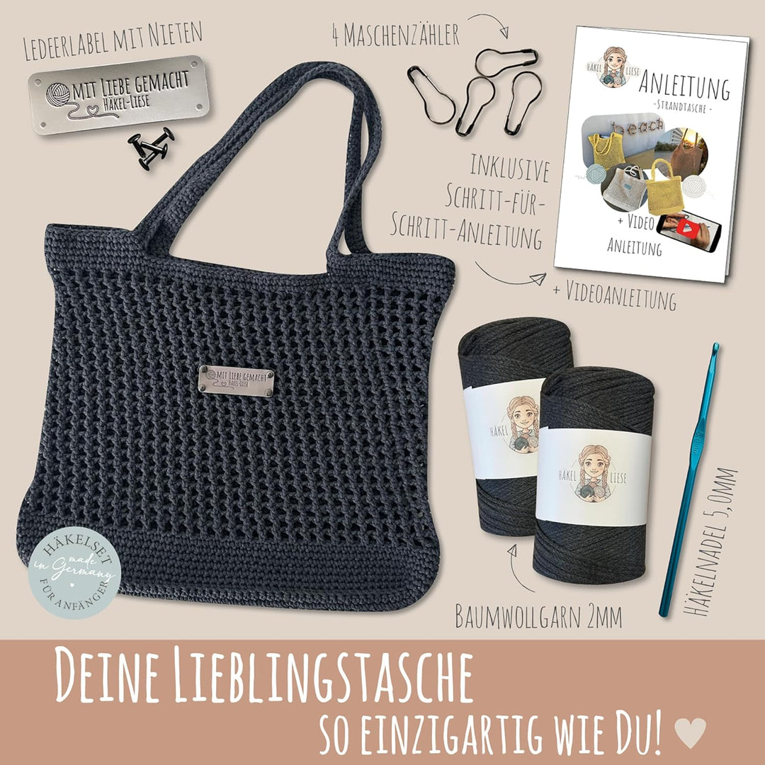 HÄKEL LIESE Häkelset Für Anfänger - Strandtasche Damen, Häkel Set für Anfänger Erwachsene, Häkelnade