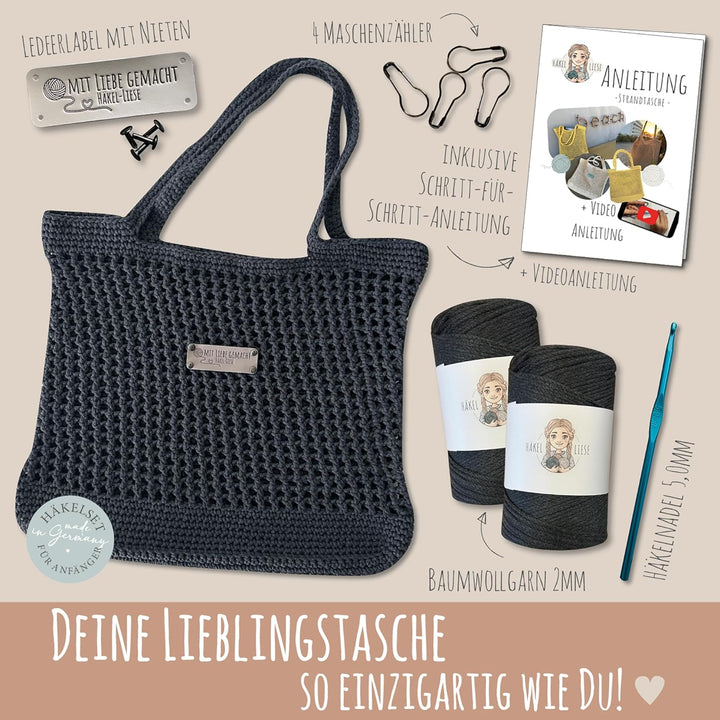 HÄKEL LIESE Häkelset Für Anfänger - Strandtasche Damen, Häkel Set für Anfänger Erwachsene, Häkelnade