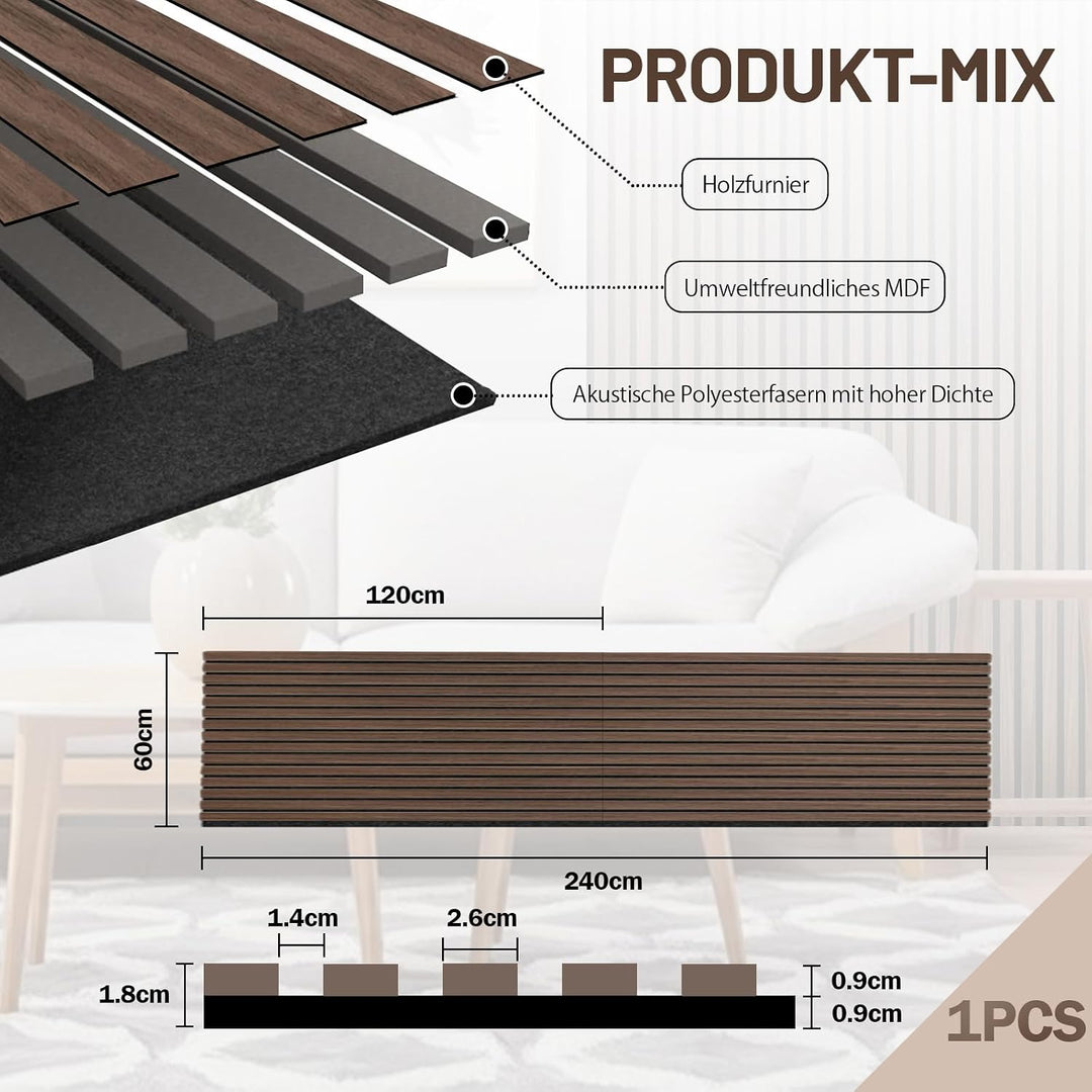 AKK-STAVE Akustikpaneele Holz 240x60 cm (1er-Set 1,44 m²) - Akustik Paneele &amp; Holzpaneele Wand für S
