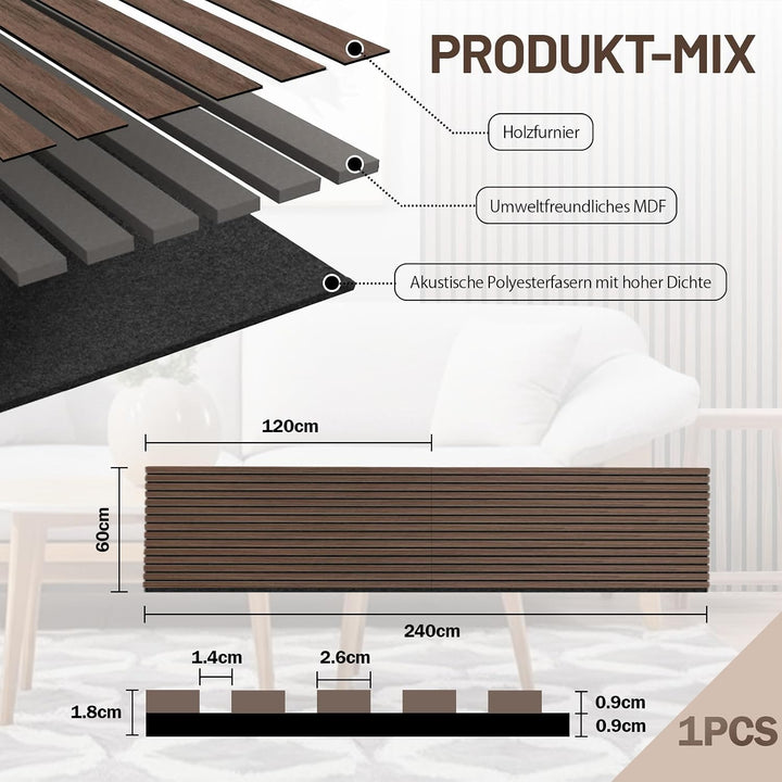 AKK-STAVE Akustikpaneele Holz 240x60 cm (1er-Set 1,44 m²) - Akustik Paneele &amp; Holzpaneele Wand für S