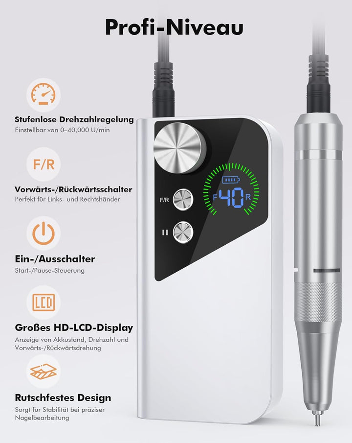 Nagelfräser 40.000 U/min Profi. Tragbar Fräser Nägel Elektrische Nagelfeile Wiederaufladbare Fräser