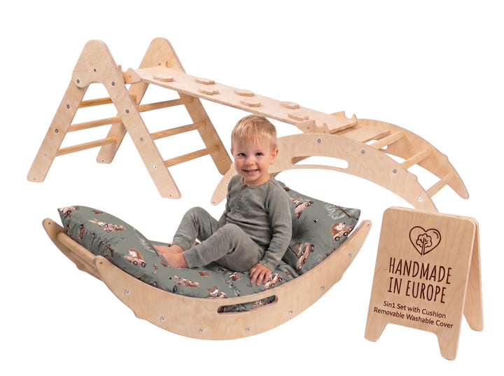 WoodsCraft 5in1 Set: Kletterbogen mit Kissen, Kletterdreieck, Rutsche/Rampe | Midi Set mit hypoaller