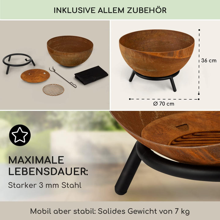 Blumfeldt Feuerschale, Outdoor Feuerstelle mit 3-Beinbein Standfuss, Kippbare Feuerschalen für den G