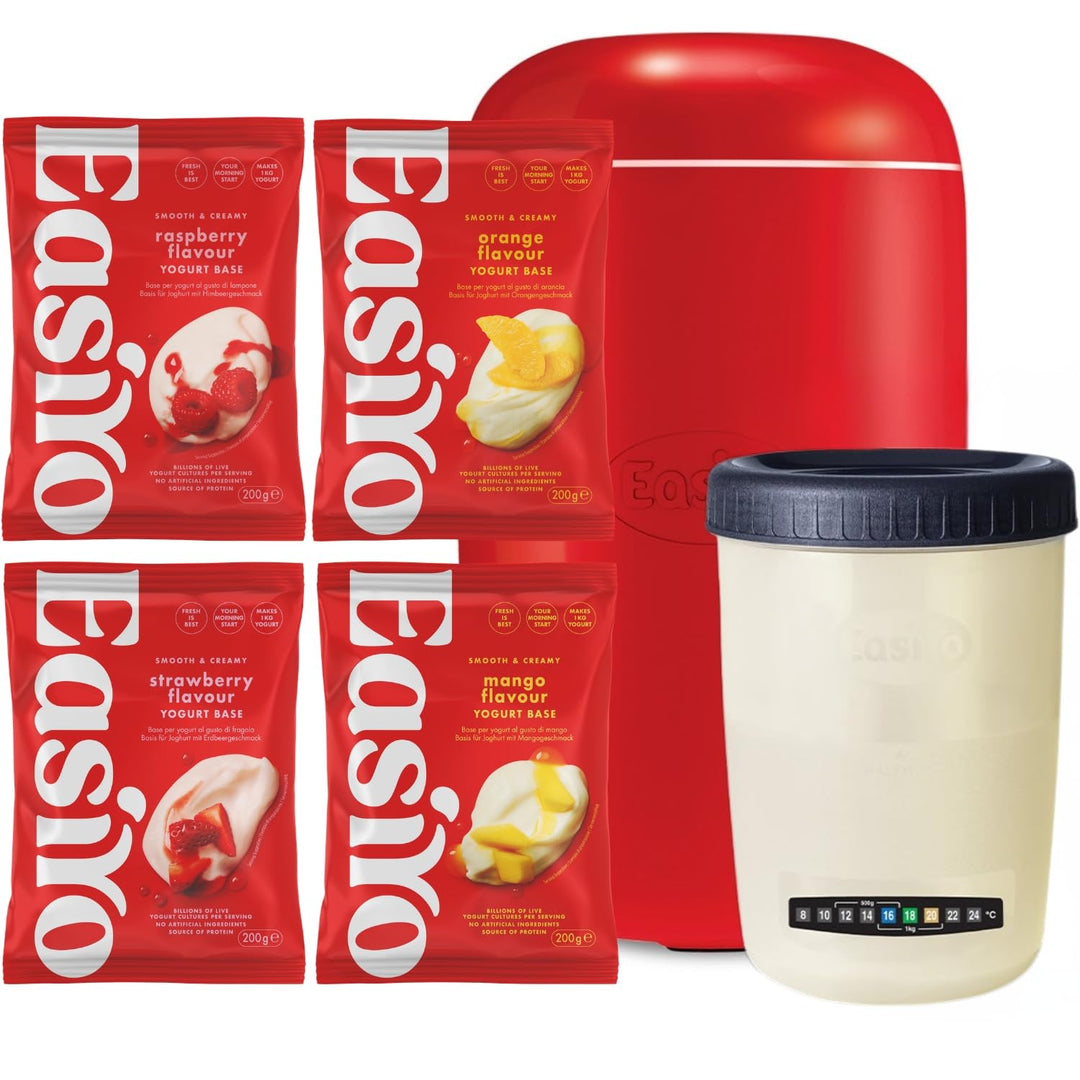 EasiYo Starter-Set mit rotem 1kg Joghurtbereiter | Inklusive 4 Beutel: Erdbeere, Himbeere, Mango & O