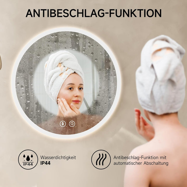YOLEO Badspiegel rund mit Beleuchtung, LED Spiegel mit Touchschalter, Badzimmerspiegel LED Beschlagf