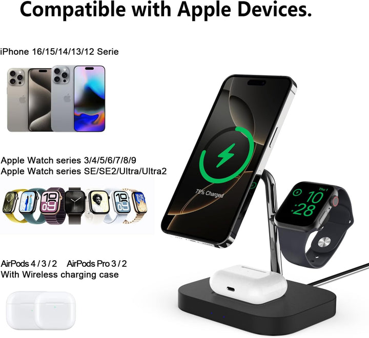 Boaraino Magnetisch Wireless Charger, 3 in 1 Kabellose Ladestation Kompatibel mit iPhone17/16(no Inc