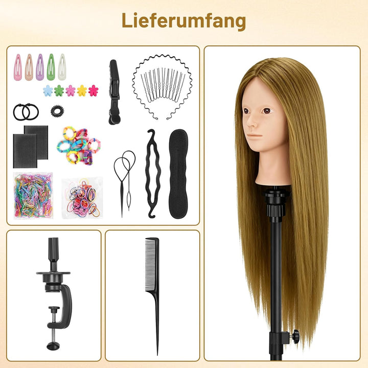 TwoWin Friseurkopf mit Haaren, 26 Zoll (66 cm) 80% Echthaar Mannequin Kopf, Make-up Übungskopf Haar