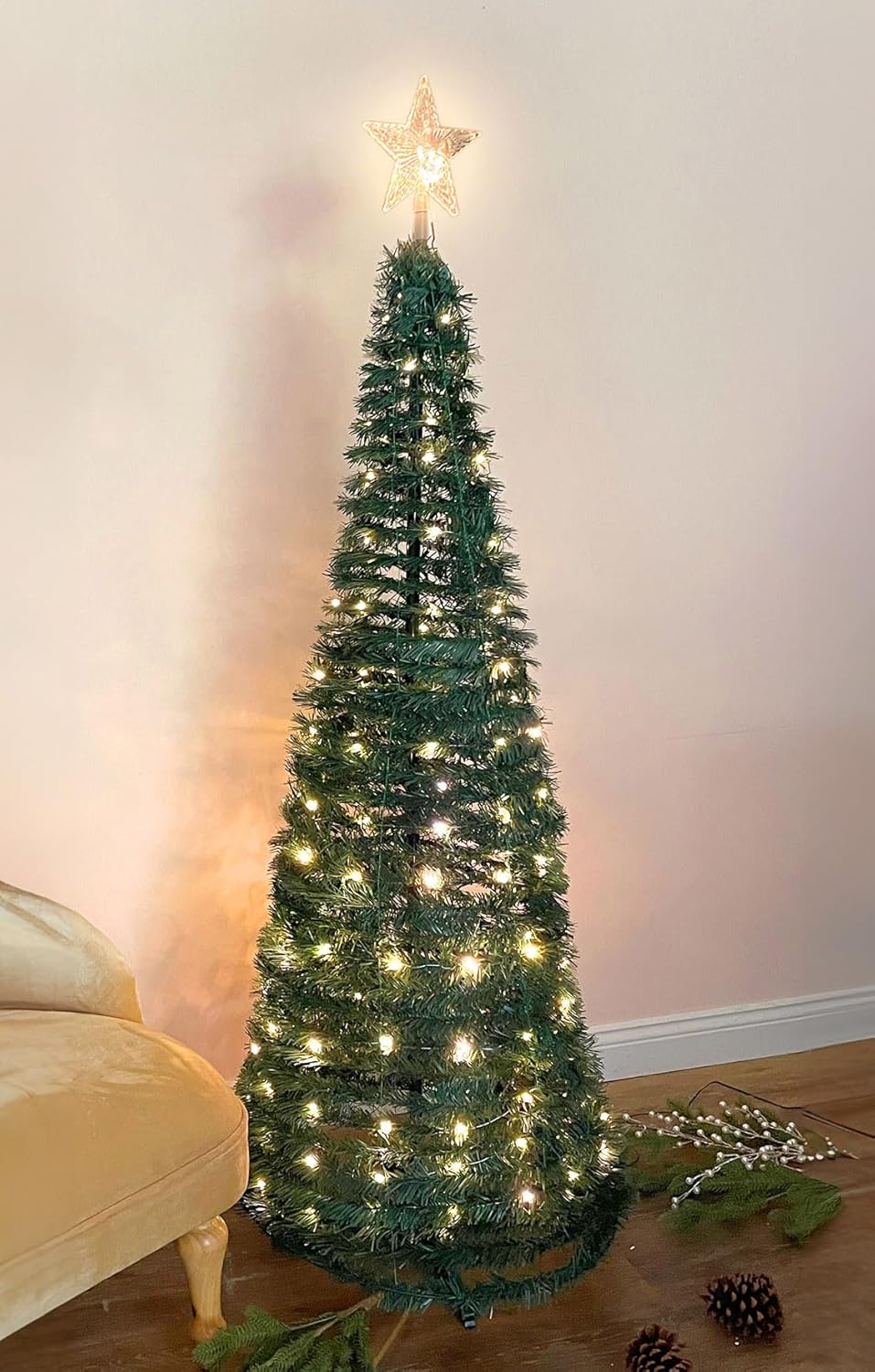 Pop Up Spiral Weihnachtsbaum 150 cm mit 120 LED und Stern Spitze - grün - Künstlicher Tannenbaum war