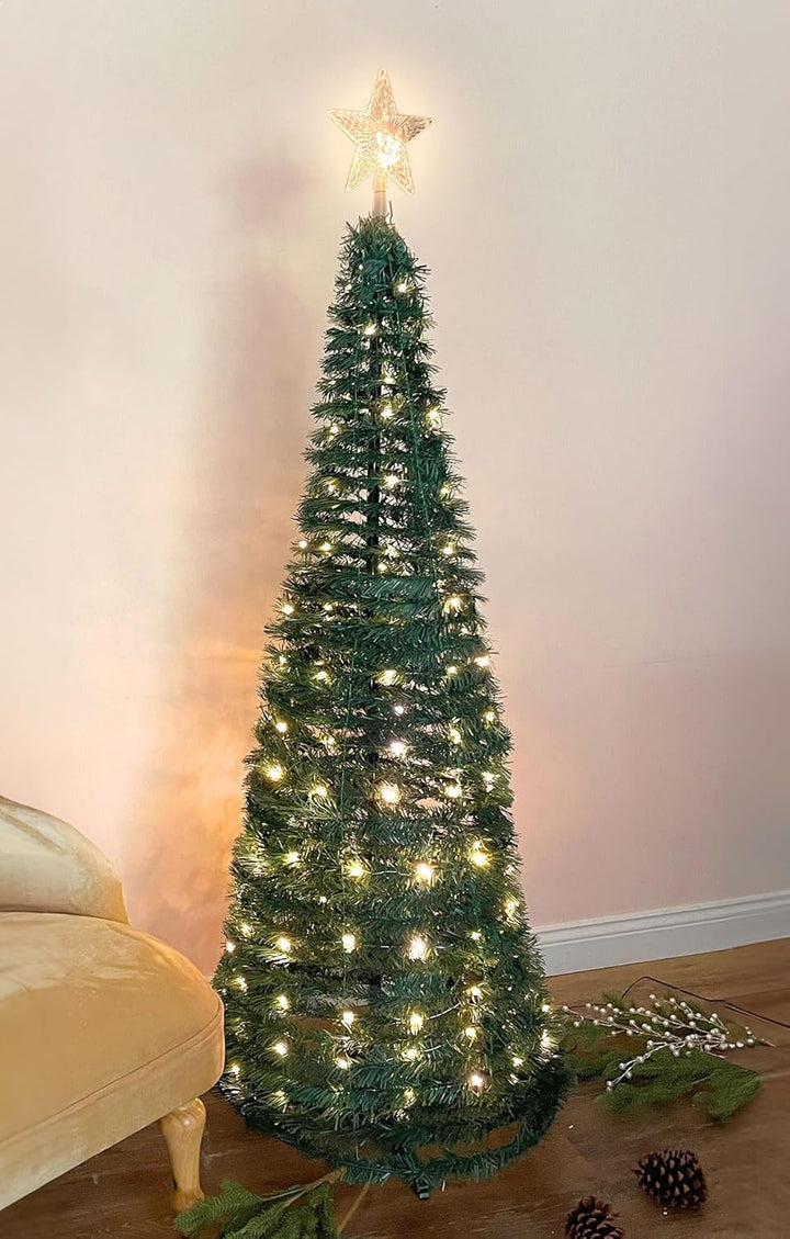 Pop Up Spiral Weihnachtsbaum 150 cm mit 120 LED und Stern Spitze - grün - Künstlicher Tannenbaum war