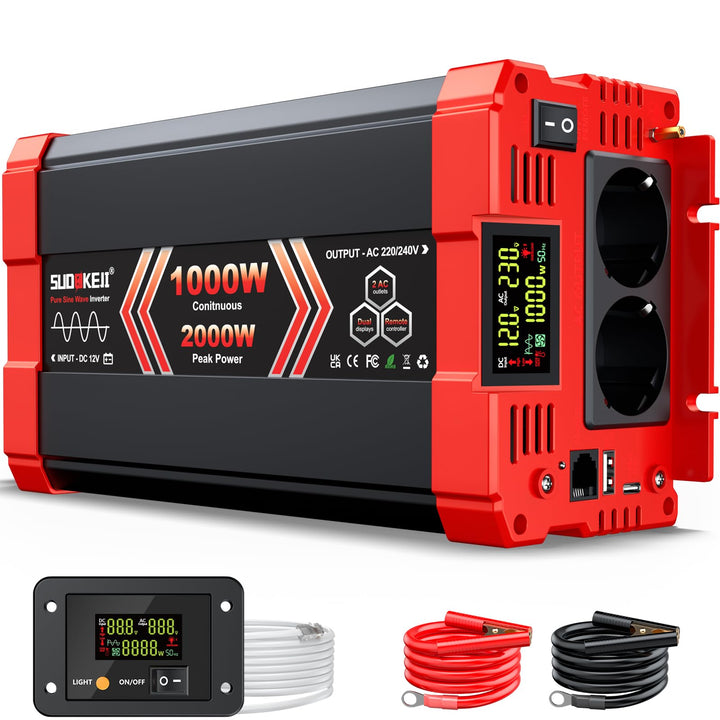 SUDOKEJI 1000W/2000W Wechselrichter Reiner Sinus Spannungswandler 12V auf 230V EU-Steckdose mit LCD