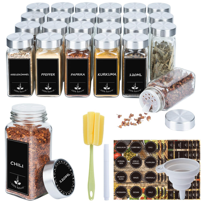 UISEBRT Gewürzgläser Eckig Set 12/24er Gewürzbehälter mit Etiketten Spice Jars Gewürzdosen Glas 120M
