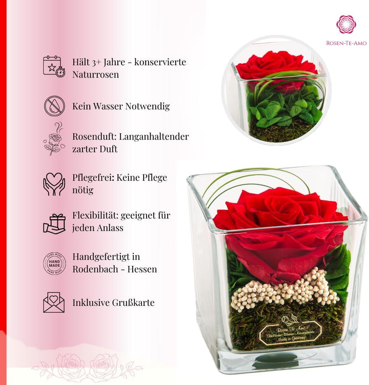 Rosen-Te-Amo | Premium konservierte ewige rote Rose | duftend | handgefertigt mit echten Deko-Foliag