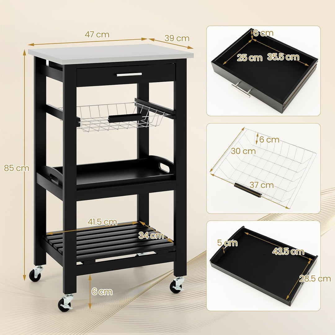 KOMFOTTEU Servierwagen mit Edelstahl Arbeitsplatte, Küchenwagen Klein, Rollwagen mit Schublade & Abl