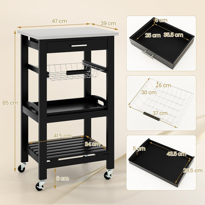 KOMFOTTEU Servierwagen mit Edelstahl Arbeitsplatte, Küchenwagen Klein, Rollwagen mit Schublade & Abl