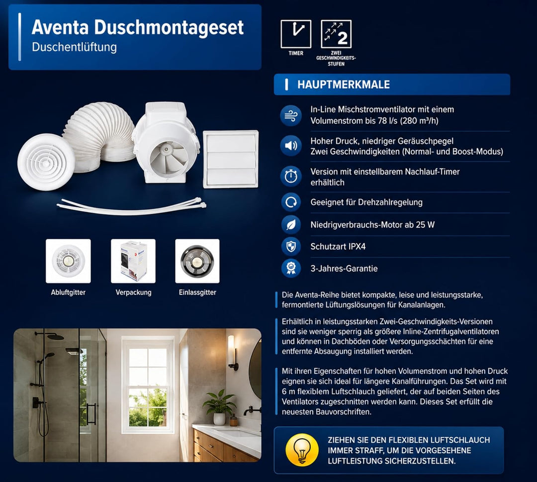 Luftdurchlass AVENTA SHWTLTKT 100 mm, Timer Und In Line Light, Set