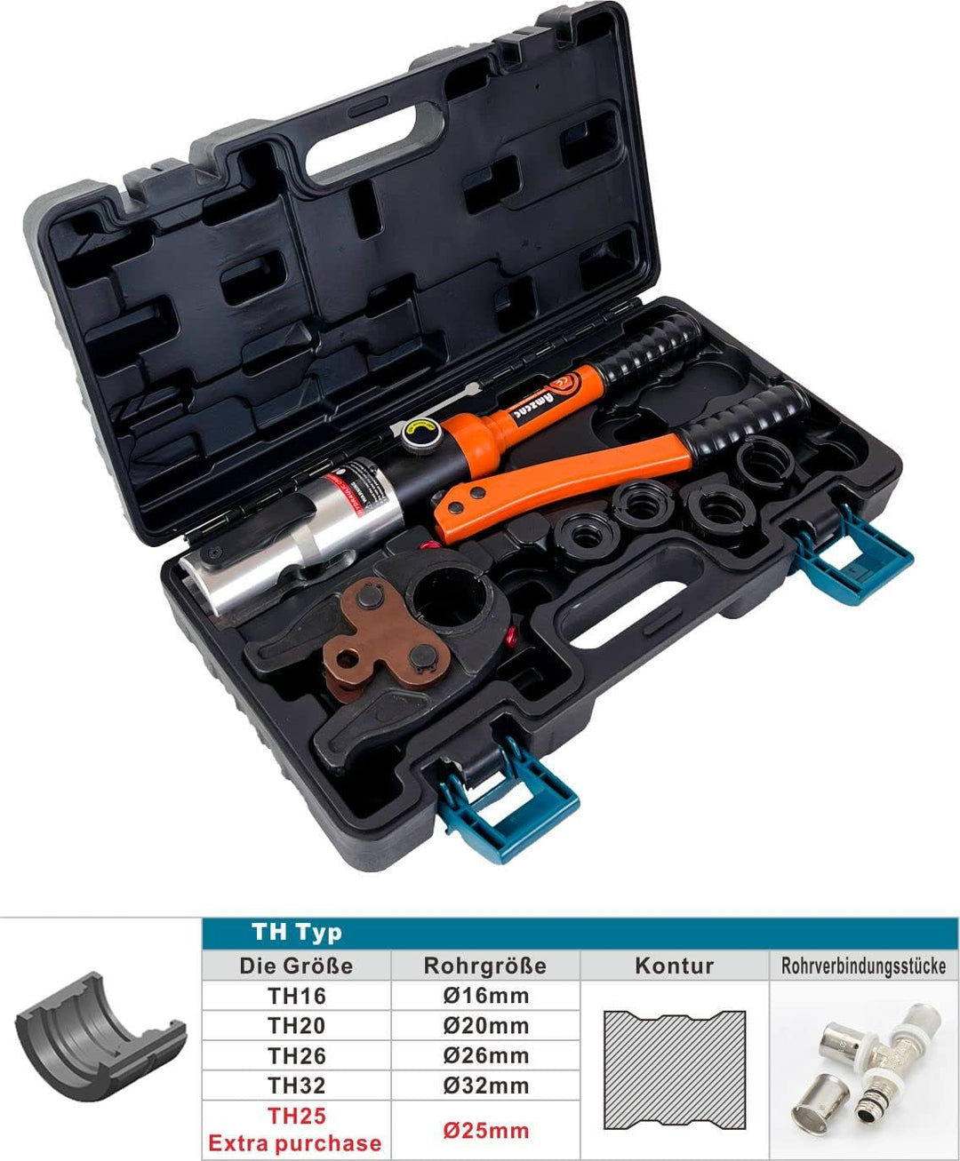 AMZCNC Profi Presszange (hydraulisch) Presswerkzeug TH-Kontur 16-20-26-32 Set Presswerkzeug HPZ mit