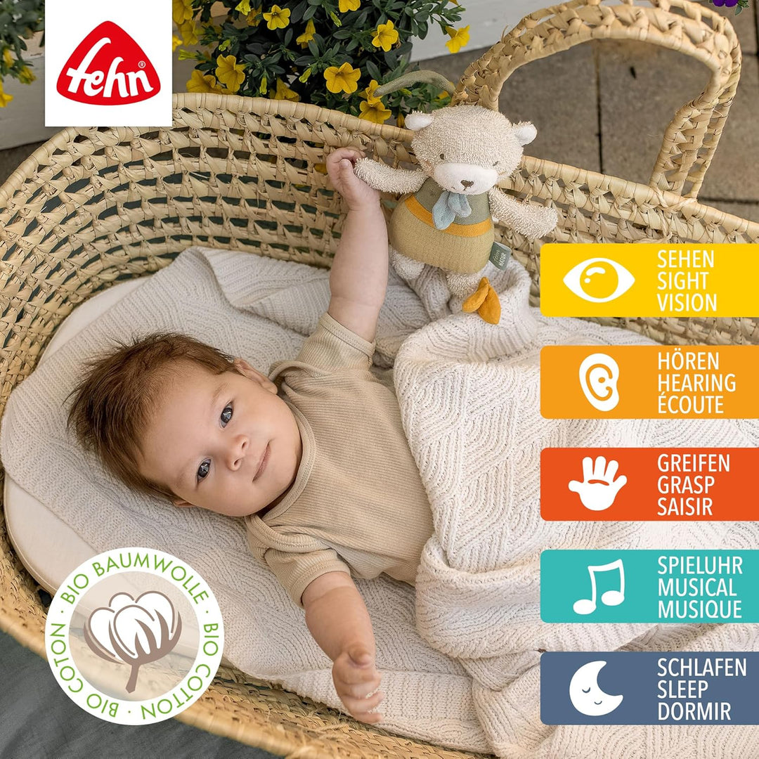 Fehn Mini-Spieluhr Bär fehnNATUR - Kuscheltier & Einschlafhilfe mit Baumwolle (kbA) - beruhigende Me