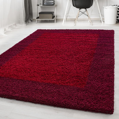 HomebyHome Teppich Wohnzinmer Shaggy Hochflor Rot Rechteckig 300x400 cm Bordüre Design - Flauschiger