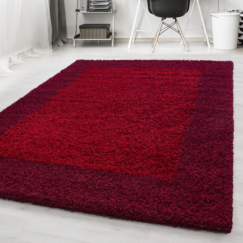 HomebyHome Teppich Wohnzinmer Shaggy Hochflor Rot Läufer 100x200 cm Bordüre Design - Flauschiger Tep