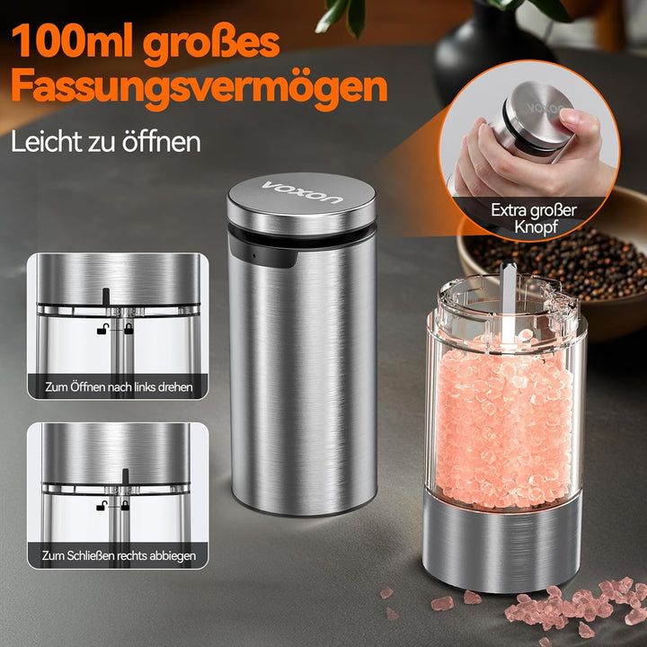 VOXON Salz und Pfeffermühlen Elektrische 2er Set mit USB Wiederaufladbarer, Grosse Kapazität Gewürzm