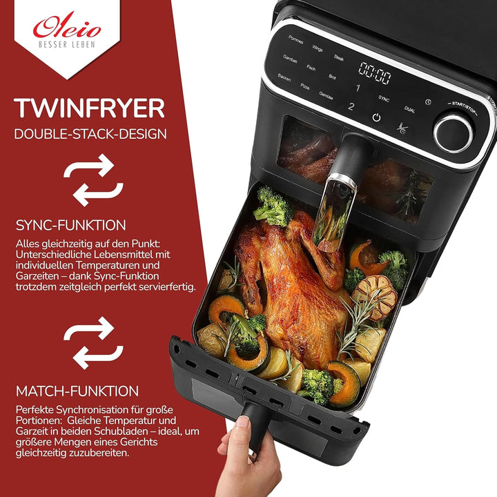Maestro Airfryer Doppelkammer XXL Heissluftfritteuse 2 Kammern I 2460W - Heissluftfritteuse mit Glas