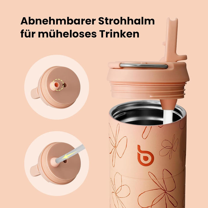 bottlebottle Edelstahl Trinkflasche mit Strohhalm 500ml, auslaufsichere Sportwasserflasche, ideal fü