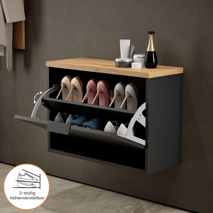 Planetmöbel Schuhschrank schmal mit 1 Klappe platzsparender Schuhregal mit 2 Ablagen, Schuhkommode f