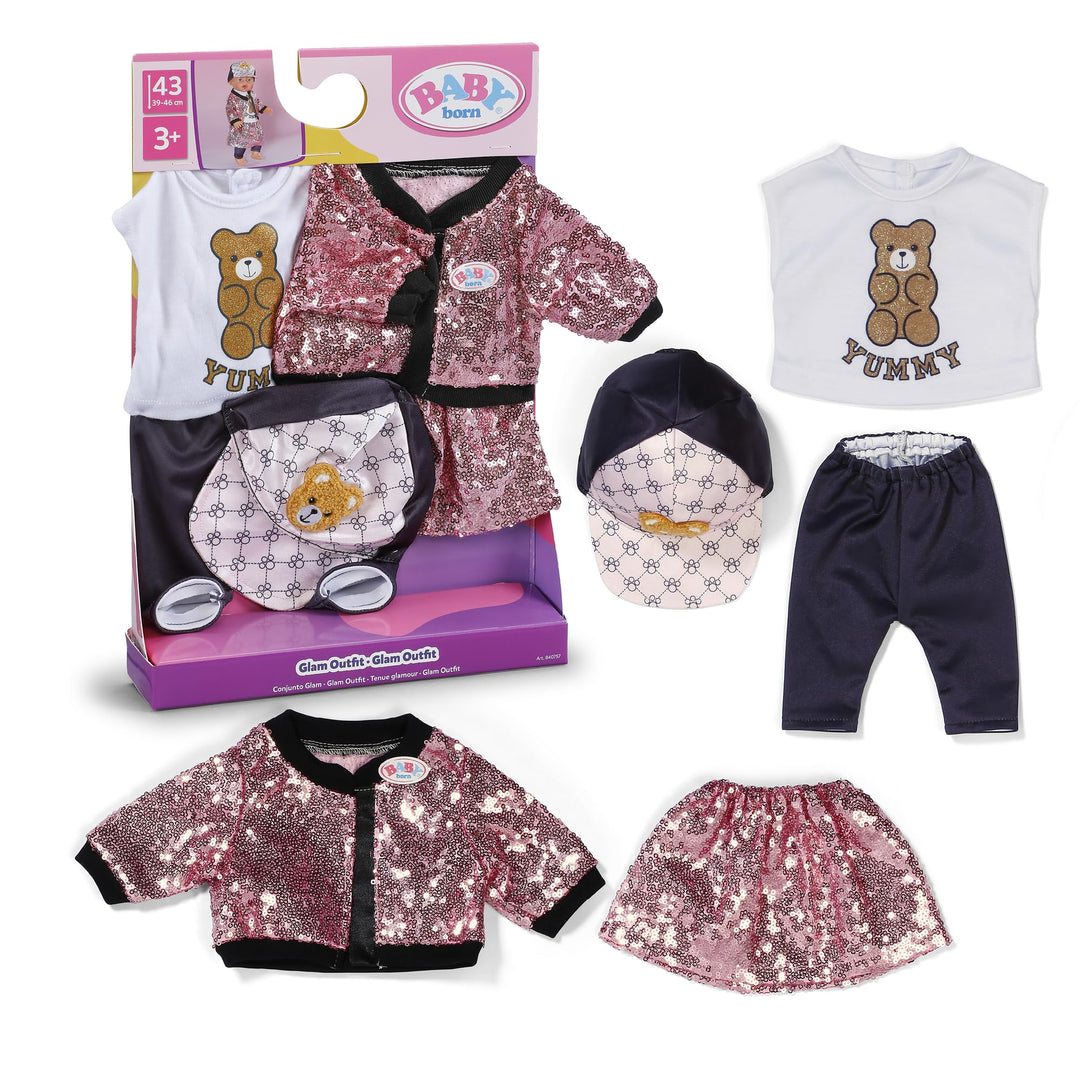 Baby Born Glam-Outfit mit pinkem Pailletten-Rock &amp; Jacke, Shirt mit Teddydruck, Cap &amp; Leggins für 43